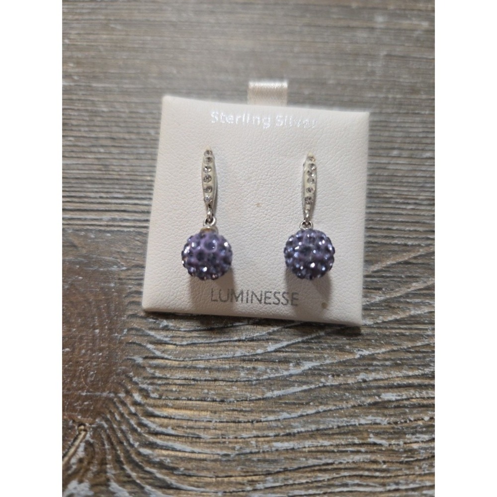 925 Sterling Silver Purple Rhinestone Ball Dangle/ Drop Earrings NEW